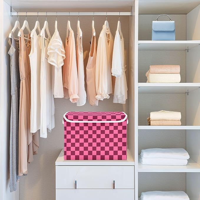 Collapsible Storage Bins with Lids Decorative Fabric Storage Cubes Closet Organizer and Storage Basket Boxes Containers for Clothes Box Chest Folding Rectangle Checkered Hot Pink