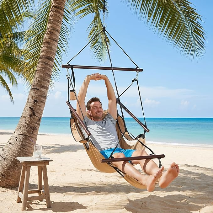 ONCLOUD Upgraded Unique Hammock Hanging Sky Chair Air Deluxe Swing Seat with Rope (Tan)