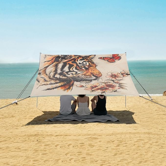 ALAZA Vintage Tiger with Butterfly Beach Tent Sun Shelter Portable Canopy Sunshade for Outdoor Camping Picnics Backyard Fun 10x9 ft