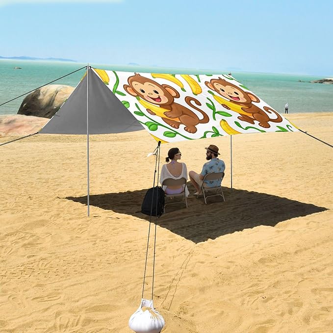 Monkeys Beach Canopy Sun Shelter with Sandbags &amp Sand Shovel &amp Windproof Ropes - Portable 110x126 Beach Shade Beach Tent for Camping Picnics