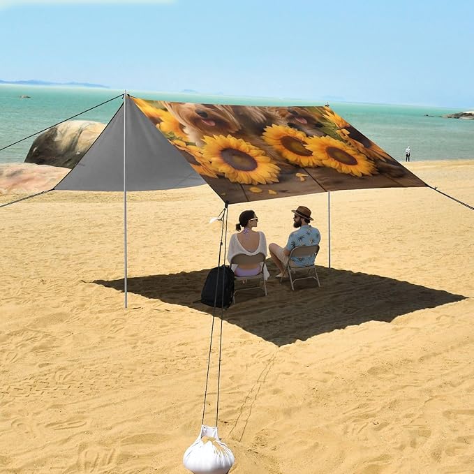 ALAZA Cute Dogs Family with Sunflowers Beach Tent Sun Shelter Portable Canopy Sunshade for Outdoor Camping Picnics Backyard Fun 10x9 ft