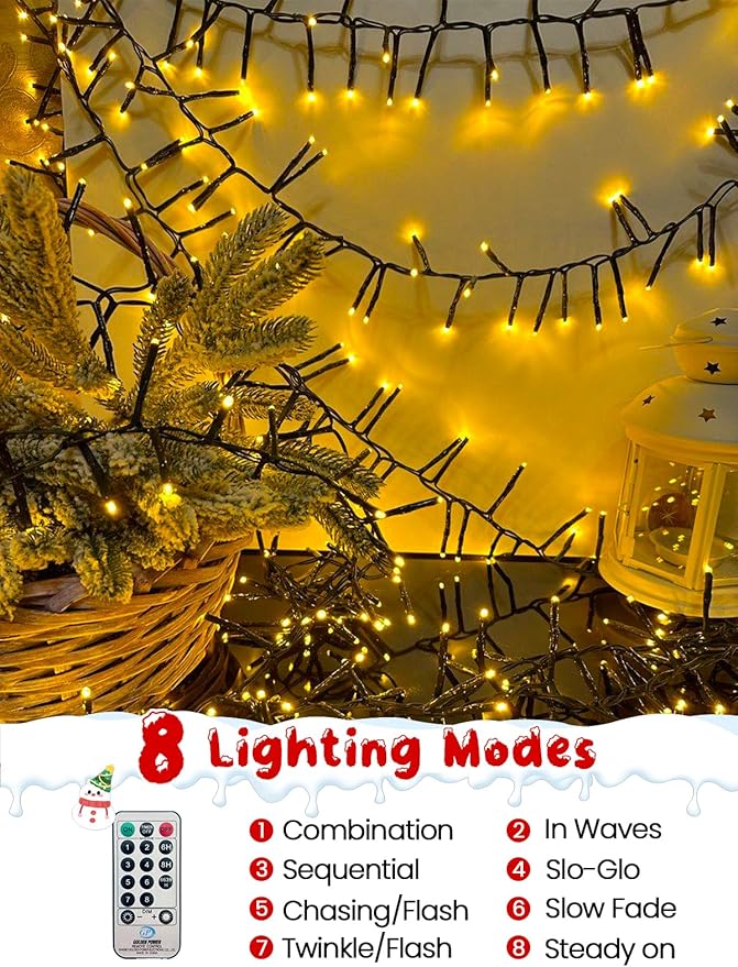 100FT 2000 LED Christmas Cluster Lights Firecracker String Lights with Remote &amp 8 Modes &amp Timer Waterproof Fairy Twinkle Light Plug in for Indoor Outdoor Party Yard Xmas Tree Decoration War