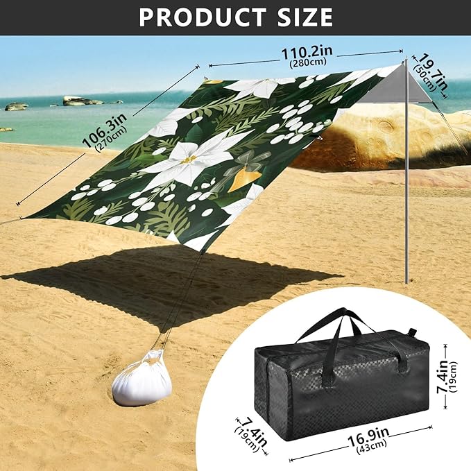 Beach Canopy with Windproof Ropes &amp Sandbags Beach Tent Sun Shade Sun Shelter for Camping Trips Fishing Backyard Fun or Picnics Flowers