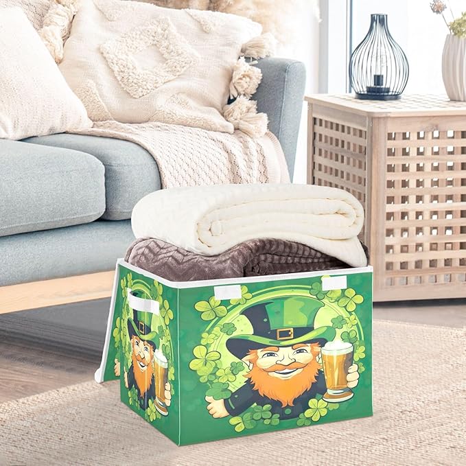 Christmas Storage Baskets with Lids Leprechaun Collapsible Bins Stackable Fabric Linen Baskets Closet Organizer Container 16.5x12.6x11.8