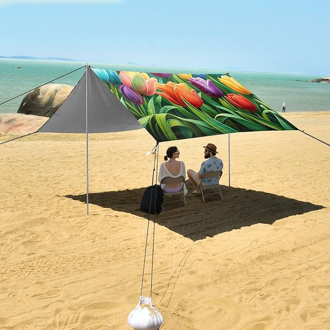 Beach Canopy with Windproof Ropes &amp Sandbags Beach Tent Sun Shade Sun Shelter for Camping Trips Fishing Backyard Fun or Picnics Flowers