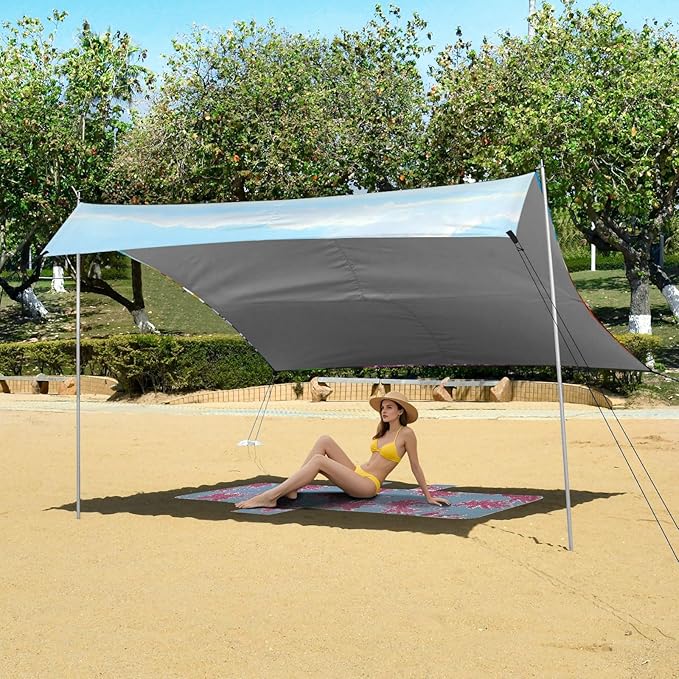 Beach Canopy with Windproof Ropes &amp Sandbags Beach Tent Sun Shade Sun Shelter for Camping Trips Fishing Backyard Fun or Picnics Landscape