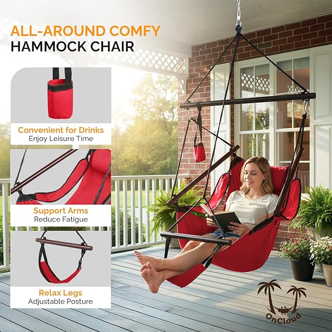 ONCLOUD Upgraded Unique Hammock Hanging Sky Chair Air Deluxe Swing Seat with Rope (Red)