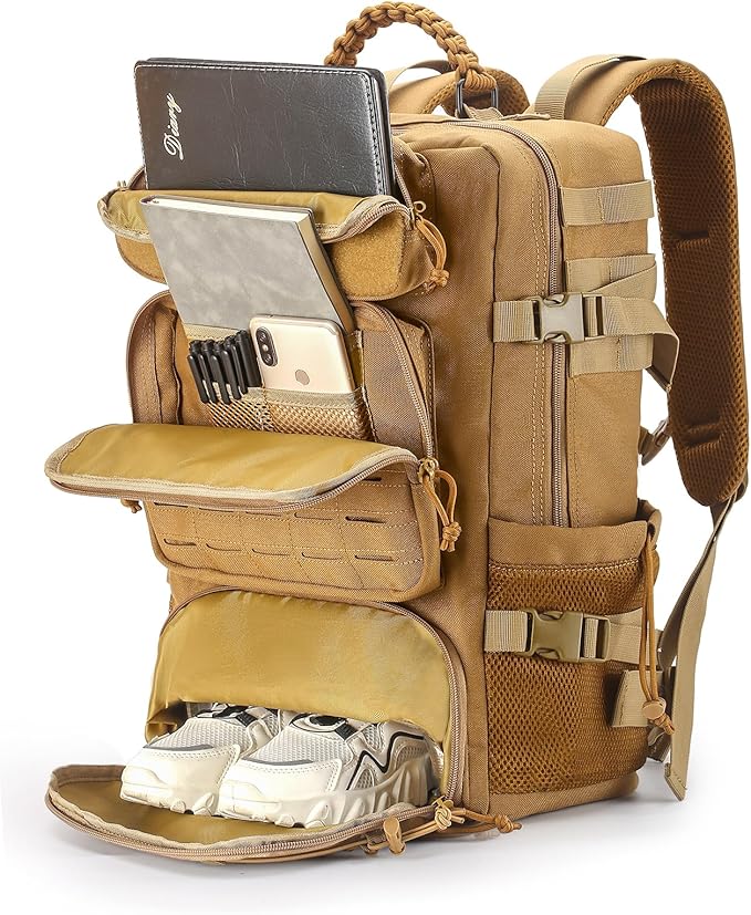 Tactical Backpack for Men 35L Travel Military Backpack with Shoe Compartment 1000D Water Resistant Molle Rucksack for Outdoor Hiking Travel Camping Khaki Color