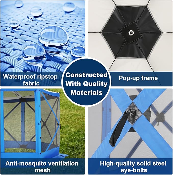 COBIZI 12x12FT Pop Up Gazebo Screen Tent Screen House for Camping Screen Room with Mosquito Netting Hub Tent Instant Screened Canopy with Carrying Bag and Ground Stakes Blue(Upgraded)