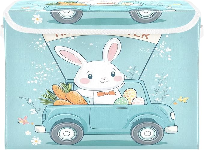 Christmas Storage Baskets with Lids Cartoon Easter Bunny Collapsible Bins Stackable Fabric Linen Baskets Closet Organizer Container 16.5x12.6x11.8