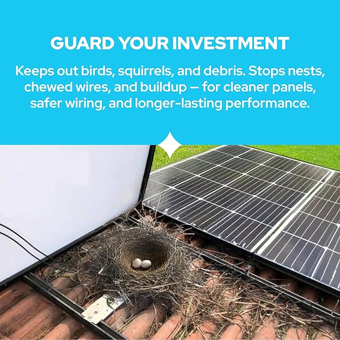 KASTLITE Solar Panel Bird Guard Mesh Kit - 6in x 100ft PVC Coated Galvanized Wire Screen 100 Stainless Clips Pliers &amp Gloves - No Drill Critter Shield Rodent Barrier Fence for Under Panels Bla
