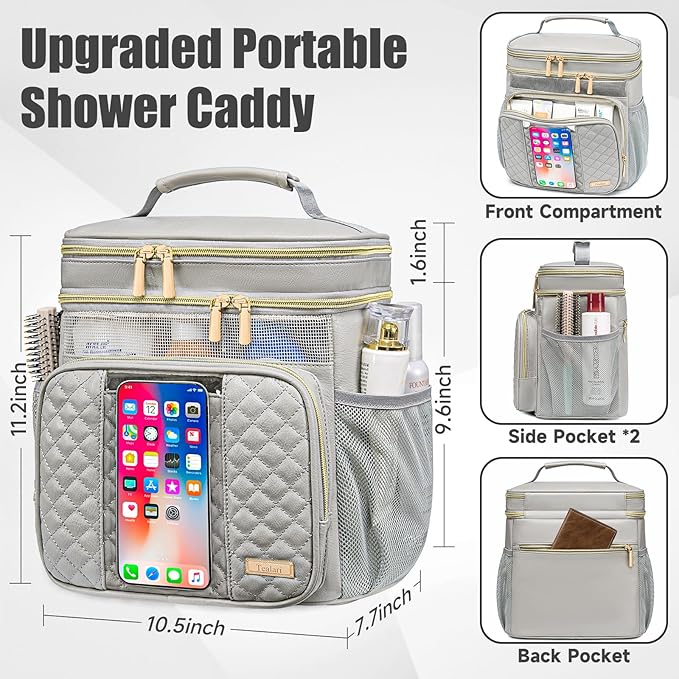 Large Leather Toiletry Bag for Women MenBathroom BagWater Resistant Shower BagMakeup BagPortable Shower Caddy for College DormHanging Travel Toiletry Bag with Transparent Waterproof Phone Pocket