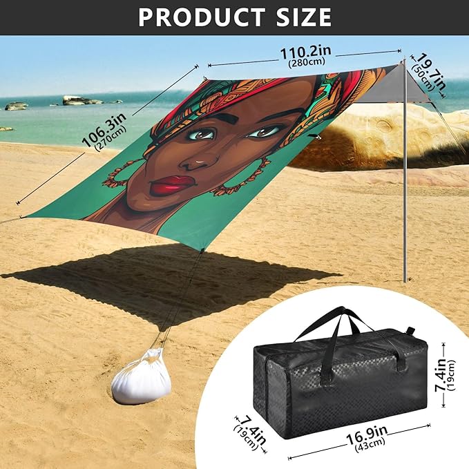 ALAZA Black African Woman Beach Tent Sun Shelter Portable Canopy Sunshade for Outdoor Camping Picnics Backyard Fun 10x9 ft