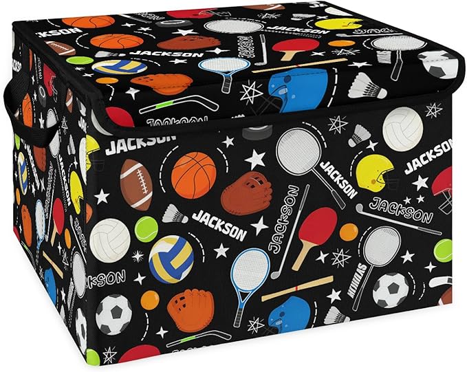 Sport Basketball Soccer Custom Storage Bins with Lid Foldable Fabric Personalized Storage Basket Box with Handle Storage Organizer Container for Home Bedroom Closet