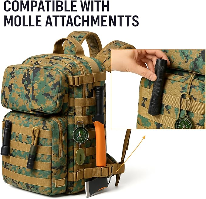 MT Military Rucksack Style Assault Pack Compatible with FILBE System – Tactical MOLLE Backpack for Outdoor Hiking Camping Hunting – Modular 30L Capacity Marpat Woodland
