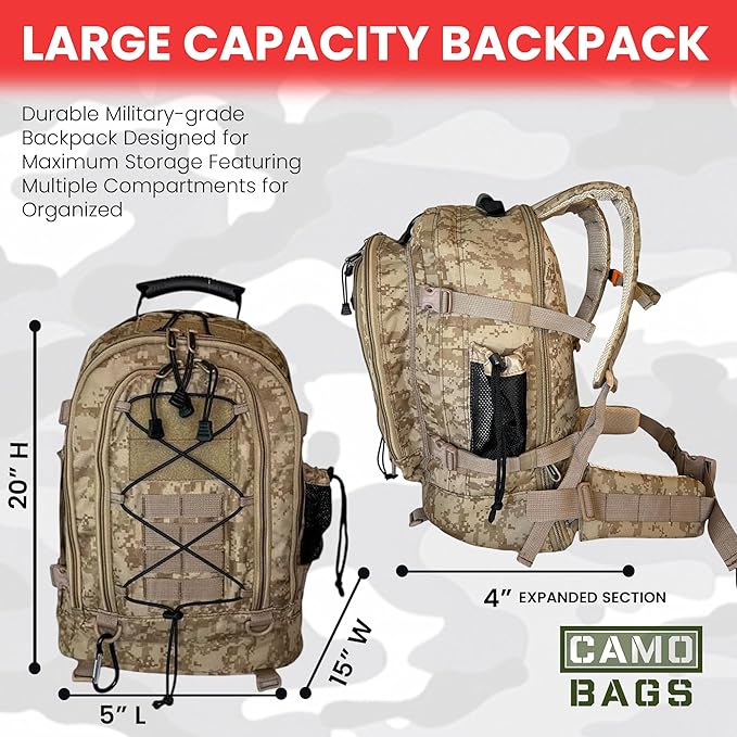 Camo Expandable Travel Backpack with 1000 Denier Cordura Polyester - Backpack For Men with Padded Straps &amp Multiple Compartments - Hiking Backpack for Campers Travelers with Large-Capacity Storag