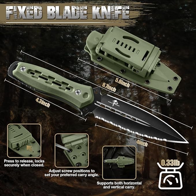 Purple Dragon Fixed Blade Knife with Kydex Sheath440C Steel Full Tang Outdoor Utility Knife with G10 Handle for Camping HikingBushcraft &amp Outdoor Use-Green