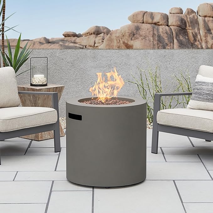 Real Flame Aegean 24 Round Propane Gas Fire Pit Table with Hidden Tank 50000 BTU Powder-Coated Steel Push-Button Ignition Lava Rock Storage Cover Stainless Steel Burner with Lid - Mist Gray