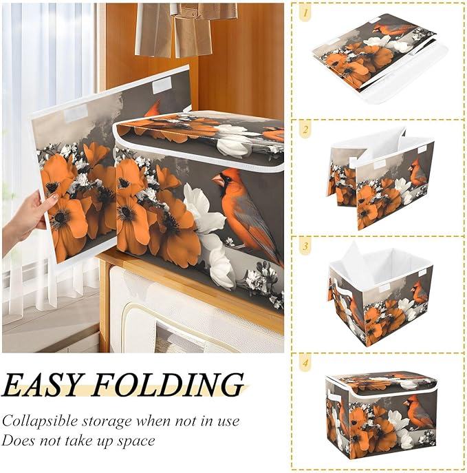 AIXIWAWA Lidded Storage Cube (Bird Flowers) Fabric Foldable Closet Bins with Flip Lid and Handles Organizer Basket Container 16.5 x 12.6 x 11.8 IN