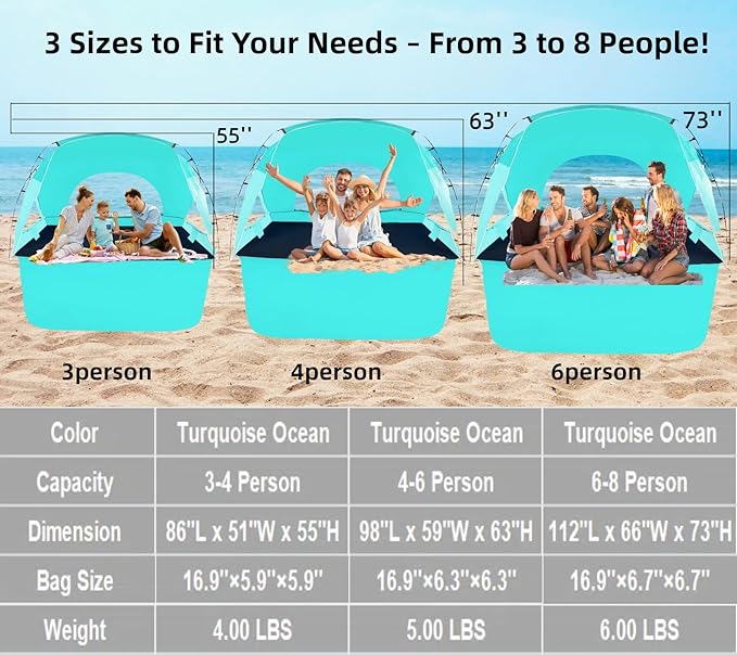 Beach Tent Portable Sun Shelter for 2/3/4/6-8 Person with UPF 50+ UV Protection Easy Setup Waterproof Beach Shade Canopy Cabana for Family Outdoor and Picnics Fishing with Carrying Bag