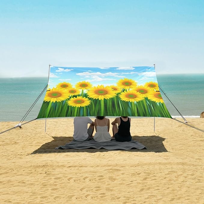 Beach Canopy with Windproof Ropes &amp Sandbags Beach Tent Sun Shade Sun Shelter for Camping Trips Fishing Backyard Fun or Picnics Sunflowers