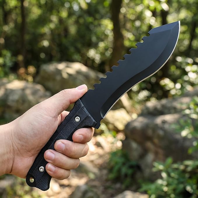 11.4 Fixed Blade Outdoor Knife with 9CR13MOV Stainless Steel - Rugged Utility Knife with Sawtooth Spine &amp V-Shaped Edge - Non-Slip ABS Handle with Lanyard Hole - Durable Nylon Sheath for Camping
