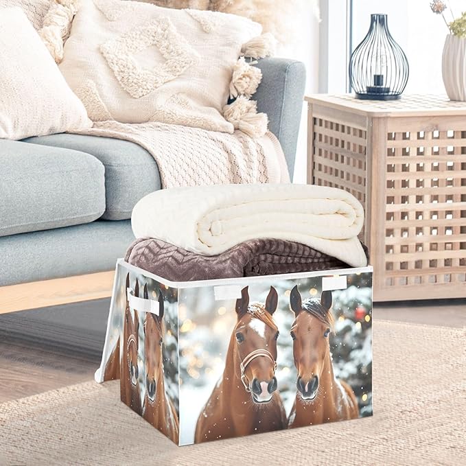 AIXIWAWA Lidded Storage Cube (Christmas Horses) Fabric Foldable Closet Bins with Flip Lid and Handles Organizer Basket Container 16.5 x 12.6 x 11.8 IN