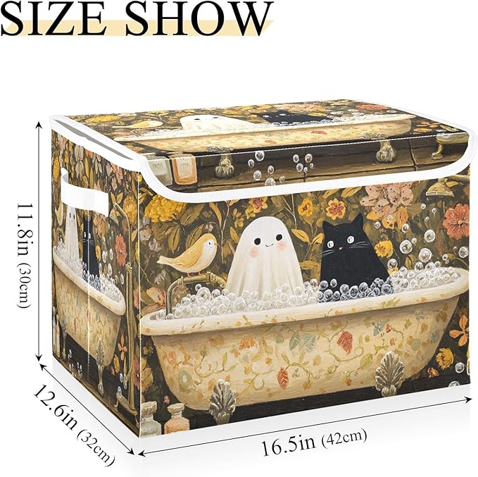 Halloween Ghost Cat Flowers Yellow Storage Box with Lid 1 PC Foldable Storage Bin with Lids Stackable Storage Bins Cube Closet Organizer Basket with Flip-Top Lid &amp Handles for Shoes Books Towels