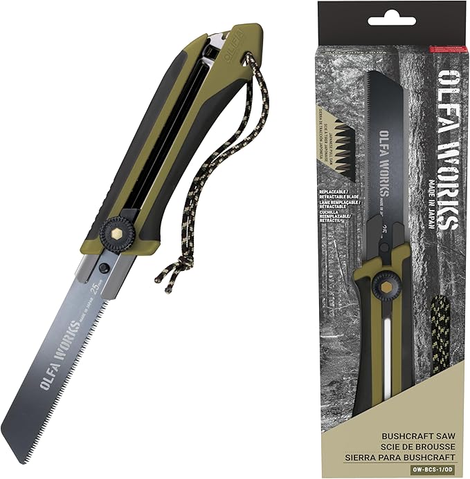 OLFA Works OW-BCS-1/OD Bushcraft Japanese Pull Saw Serrated Replacable and Retractable Carbon Tool Steel Blade - Great for Trimming Branches Woodwork and other Bushcraft or Outdoor Activities - Rach
