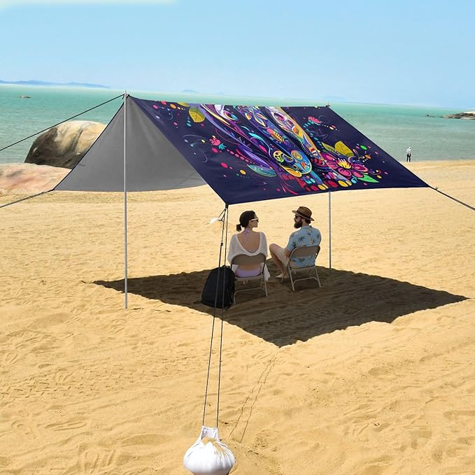ALAZA Rainbow Elephant Flower Boho Beach Tent Sun Shelter UPF50+ Protection Beach Shade Canopy w/ 4 Sandbags for Outdoor Camping Fishing Backyard Fun Picnic 10x9 ft