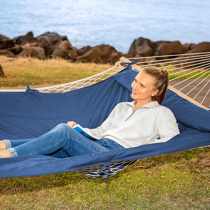 SUNCREAT Hammocks Outdoor Double Hammock with Hardwood Spreader Bar Heavy Duty Cotton Rope Hammock with Polyester Pad Dark Blue