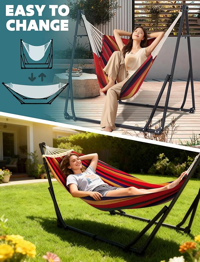 Anyoo 2 in 1 Hammock and Swinging Chair with Collapsible Steel Stand &amp Carrying CasePortable &amp AdjustableEasy Set Up for OutdoorIndoorPorch SwingPatioGardenCamping Trip