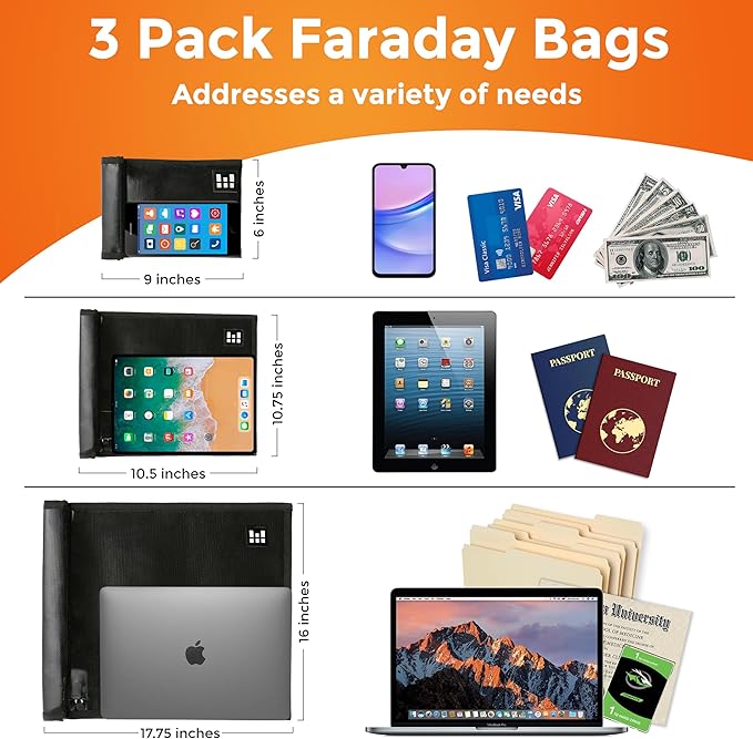 Large Faraday Bags 3 Pack – Signal Blocking RFID Pouch for Phones Laptops Bank Cards Electronics Key Fobs – Anti-Hacking Fireproof &amp Waterproof Faraday Cage for Digital Privacy &amp Theft Pr