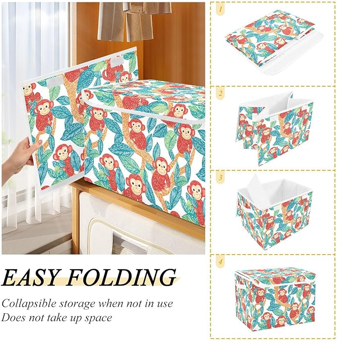 Storage Cube with Lid Cartoon Monkey Print 16.5×12.6×11.8 IN 1 Pack Collapsible Large Capacity Foldable Storage Basket Bin Organizer