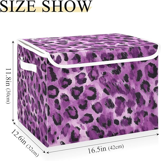 Collapsible Storage Bins with Lids Decorative Fabric Storage Cubes Closet Organizer and Storage Basket Boxes Containers for Clothes Box Chest Nursery Folding Rectangle Purple Leopard Print