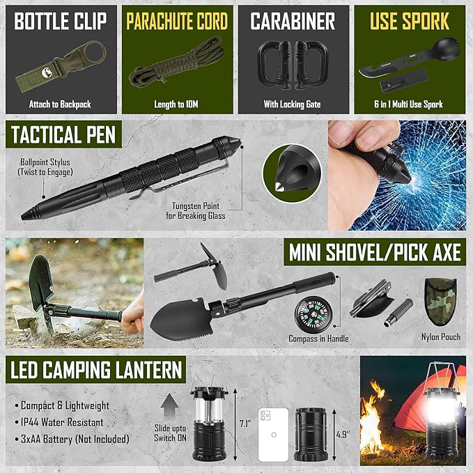 Survival Kit 268 Pcs Emergency Survival Gear and Equipment Supplies with First Aid Kit Camping Axe Headlamp Crossbody Bag for Camping Hiking Hunting Gift for Christmas Men Dads Black Como