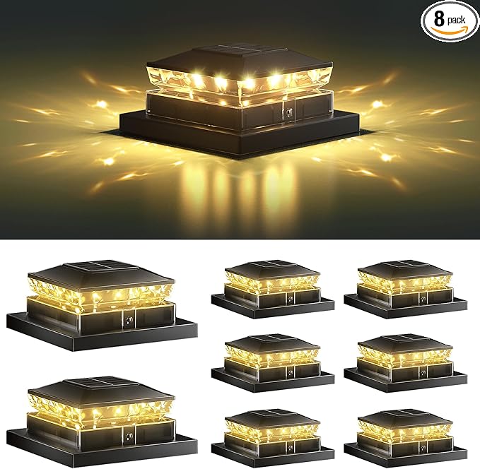 Solar Post Cap Light 8 Packs Waterproof Solar Powered Fence Light 4x4 IP65 Black Outdoor Post Solar Lights for Deck Garden &amp Patio Lights for 3.5x3.54x45x5 Wood &amp Vinyl Posts Warm White Li