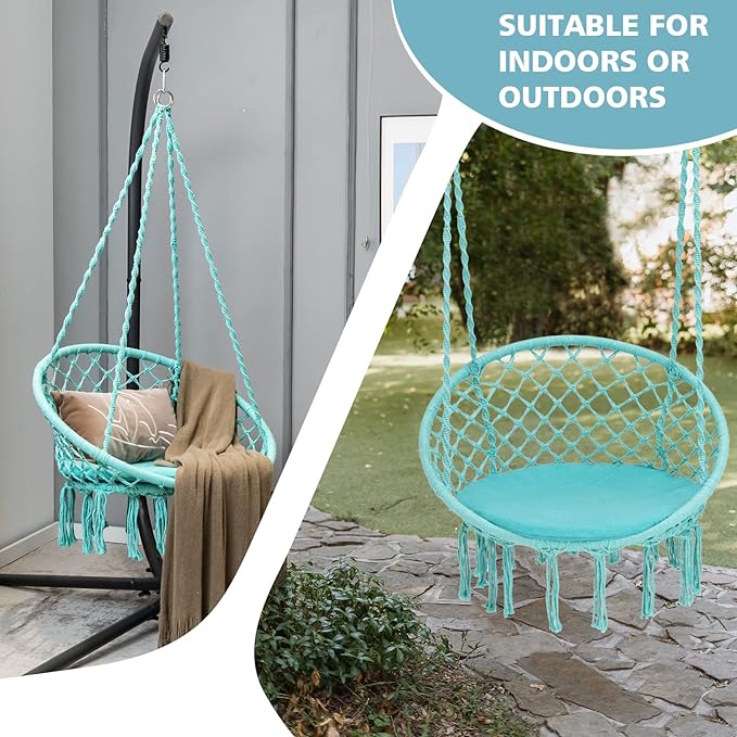 Giantex Hammock Chair Macrame Swing - Hanging with Cushion and Hardware Kit 330 LBS Weight Capacity Indoor for Stand Patio Balcony Living Room (Turquoise) (GT10698-NPTU)
