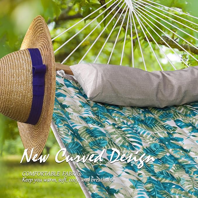 Double Hammock 11 FT Quilted Fabric 2 Person Hammock for Outside with Pillow Folding Curved Spreader Bar Chains Carrying Bag Indoor Outdoor 450 IB Capacity BlueLeaves