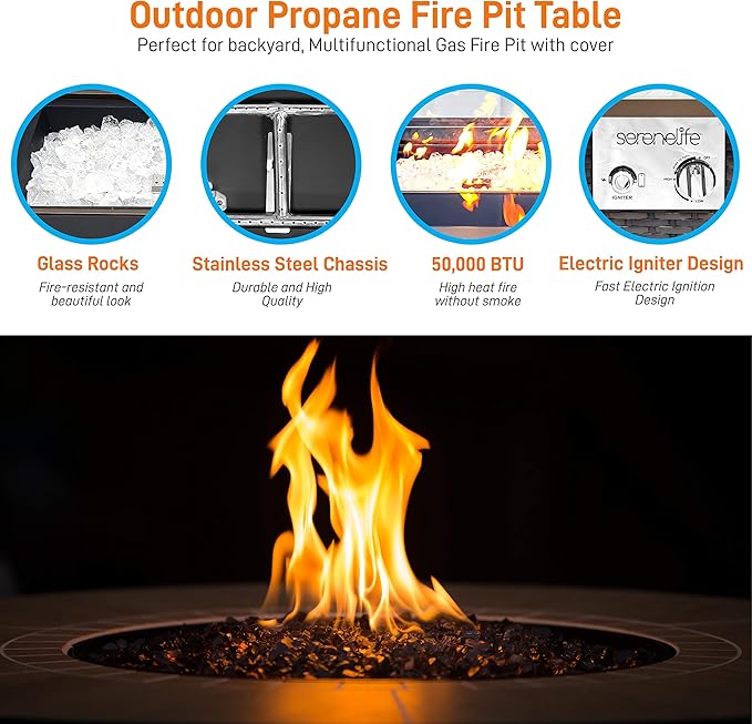SereneLife Outdoor Propane Fire Pit Table - Approved Safe 50000BTU Auto-Ignition Propane Gas Fire Table - Rattan Panel Glass Wind Guard Black Tempered Glass Tabletop Clear Glass Rock - SLFPTL