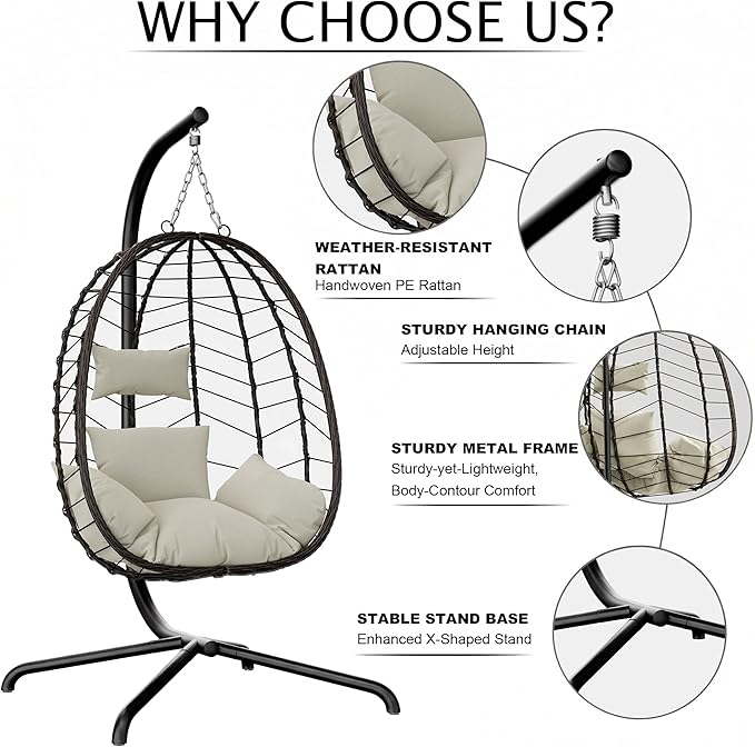 LEX CRAFT Hanging Egg Chair with Stand Swinging Egg Chair Outdoor Indoor Hanging Basket Chair with Cushion Patio Wicker Hammock Chair 350lbs Capacity for Porch Balcony Backyard Garden (Beige1)