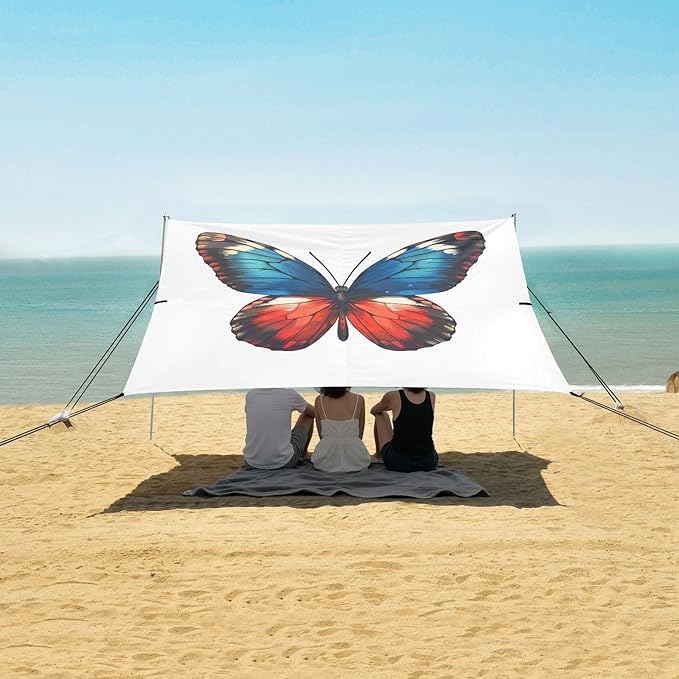 ALAZA Butterfly Blue &amp Red Beach Tent Sun Shelter UPF50+ Protection Beach Shade Canopy w/ 4 Sandbags for Outdoor Camping Fishing Backyard Fun Picnic 10x9 ft