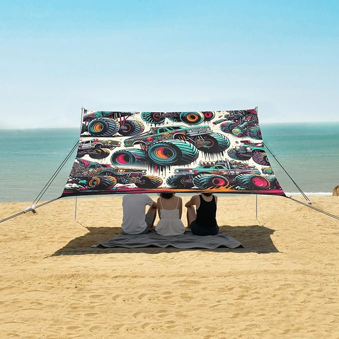 ALAZA Monster Trucks Graffiti Beach Tent Sun Shelter UPF50+ Protection Beach Shade Canopy w/ 4 Sandbags for Outdoor Camping Fishing Backyard Fun Picnic 10x9 ft