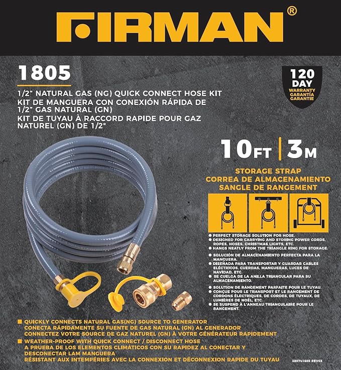 FIRMAN 1805 Natural Gas 10' Hose with Storage Strap Quick Connect Heavy Duty Flexible Weather Resistant Extension Hose for Tri-Fuel Generators BBQ Grills and Outdoor Appliances