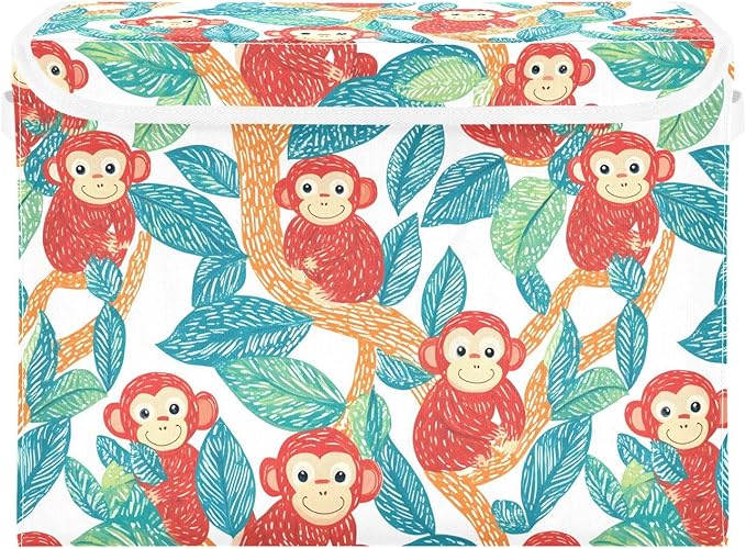 Storage Cube with Lid Cartoon Monkey Print 16.5×12.6×11.8 IN 1 Pack Collapsible Large Capacity Foldable Storage Basket Bin Organizer