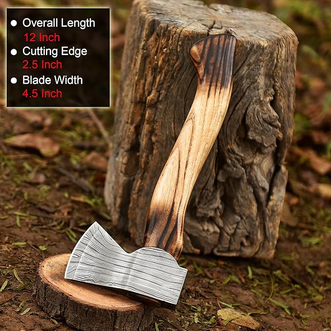 Nesmo - 013 Handmade Damascus Steel Hatchet Axe with Ash Wood Handle – Mini Axe with Leather Sheath. Forged Camping Axe Outdoor Survival Tool Bushcraft Wood Chopping &amp Collectible Gift
