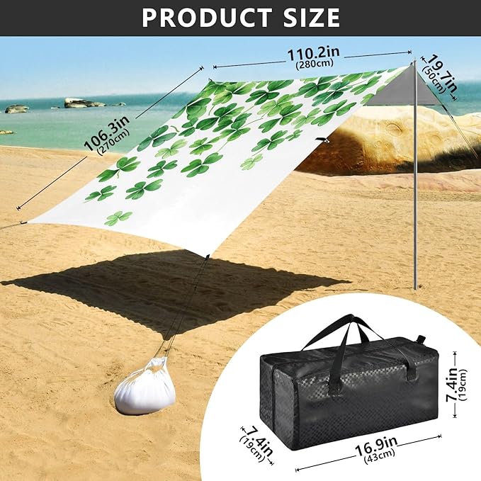 ALAZA St. Patrick's Day Green Clover Leaves on White Beach Tent Sun Shelter Portable Canopy Sunshade for Outdoor Camping Picnics Backyard Fun 10x9 ft
