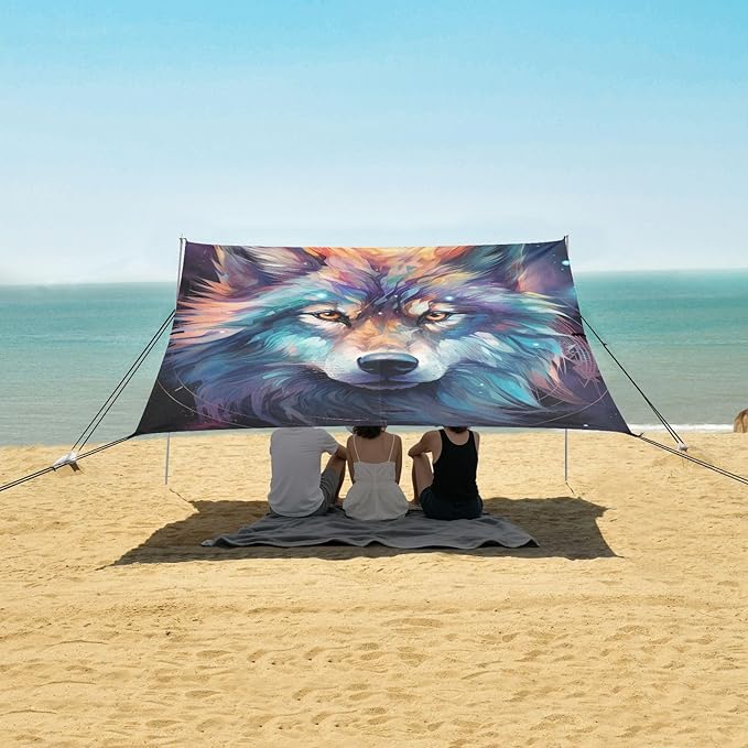 ALAZA Wolf Galaxy Watercolor Beach Tent Sun Shelter Portable Canopy Sunshade for Outdoor Camping Picnics Backyard Fun 10x9 ft
