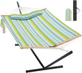 Homgava Two Person Hammock with Stand for Outside Heavy Duty Outdoor Patio Hammock with Portable Steel Stand Large Double Hammocks480lbs Capacity.(Light Blue Stripes)