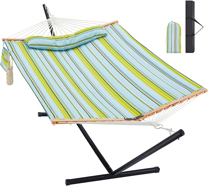 Homgava Two Person Hammock with Stand for Outside Heavy Duty Outdoor Patio Hammock with Portable Steel Stand Large Double Hammocks480lbs Capacity.(Light Blue Stripes)